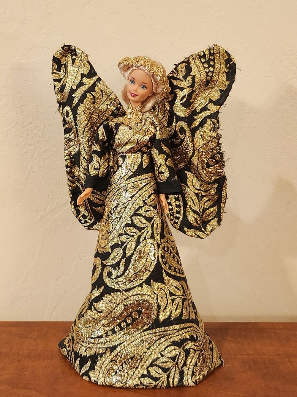 Custom Barbie Gold & Black Paisley Brocade Angel Tree Topper or Table Decor 14”